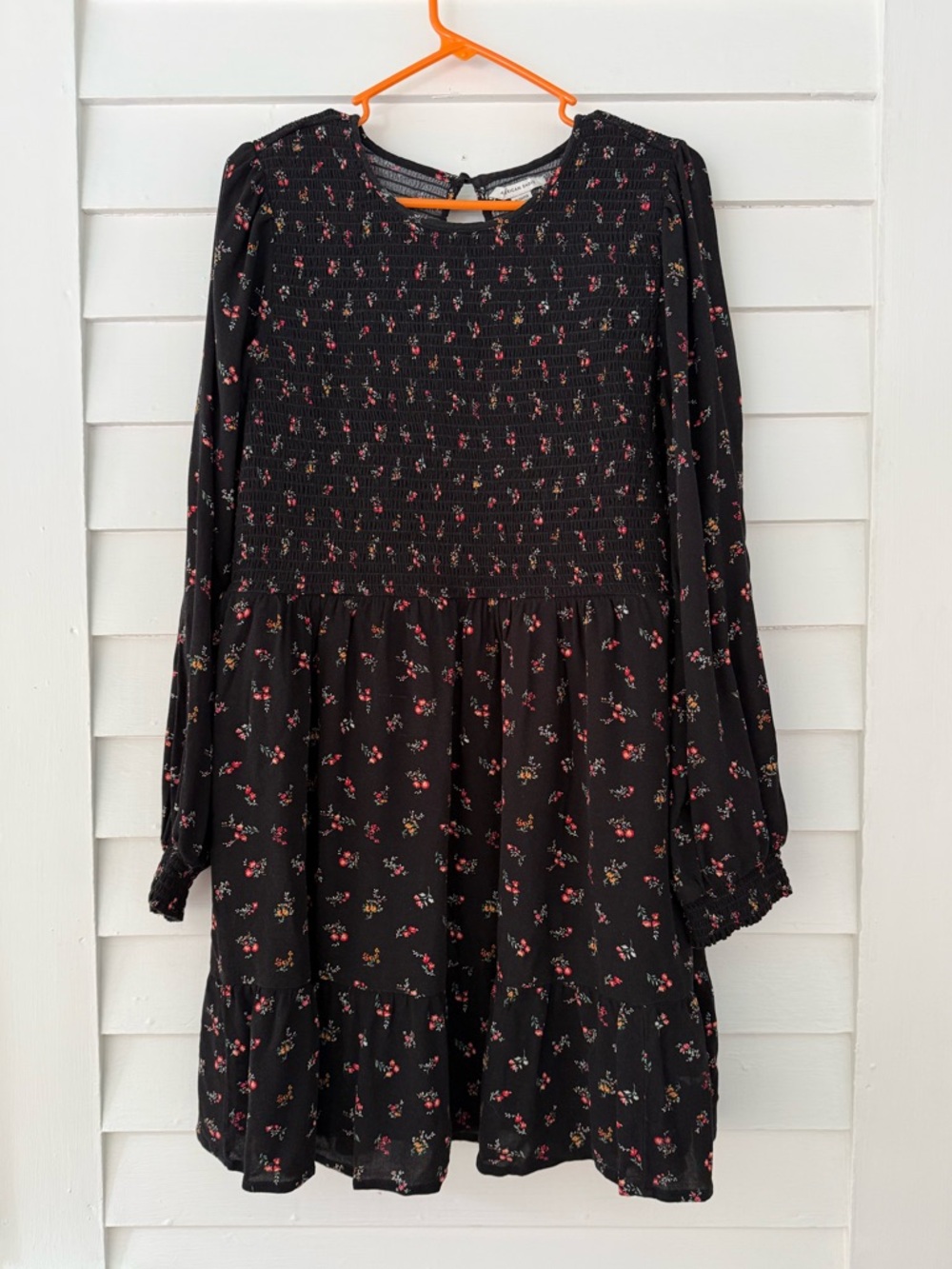 American Eagle | Black Floral Smocked Mini Dress Long Sleeve XL